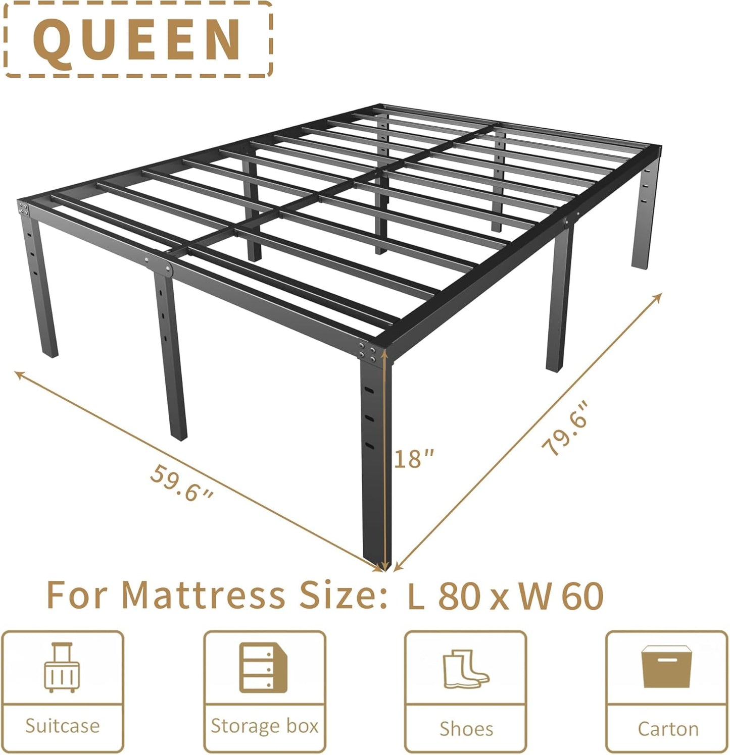 18 Inch QUEEN Metal Bed Frame, No Box Spring Needed - Easy Assembly Heavy Duty Noise Free Narrow Bedframes - Double Black Basic Steel Slats Platform with Storage - Retail $57