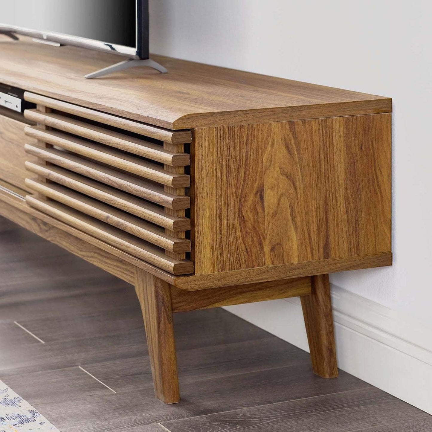 Modway Render 70" Mid-Century Modern Low Profile Entertainment TV Stand, 70 Inch, Walnut Walnut - Retail $221