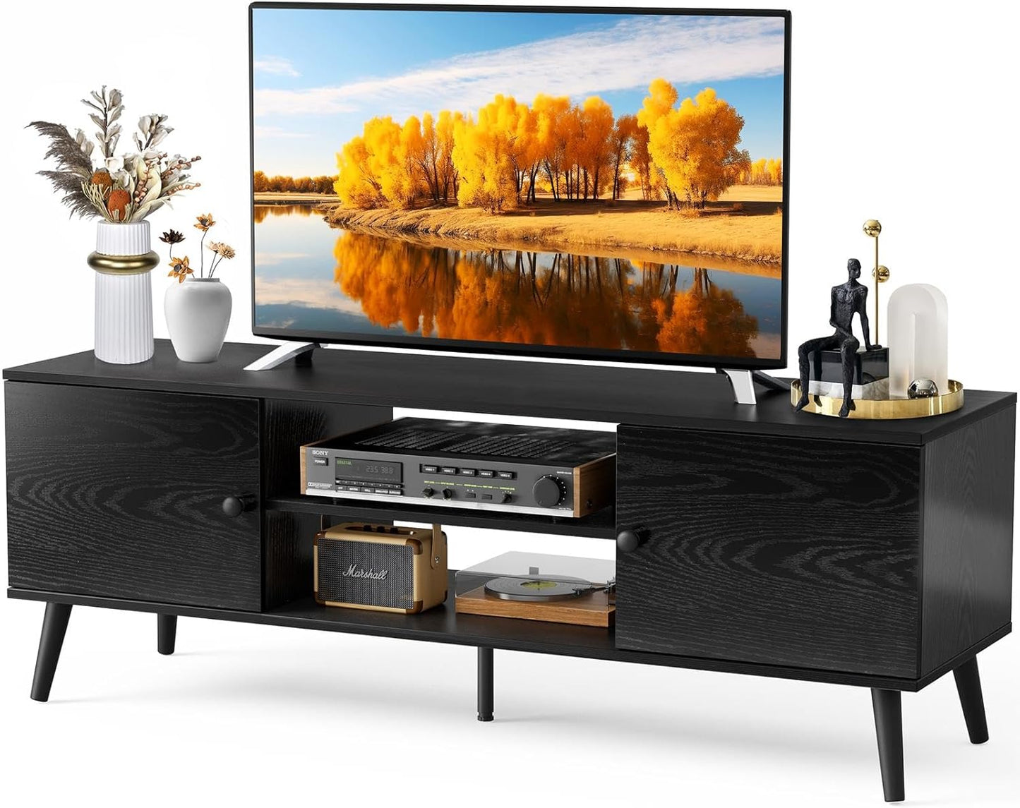 NEW - Sweetcrispy TV Stand for 55 60 inch Television, Entertainment Center with Storage, 2 Cabinet Media Console Table, Soft Hinge Door with Handle, Wood Feet, Living Room, Bedroom Furniture, Charcoal Black - Retail $149