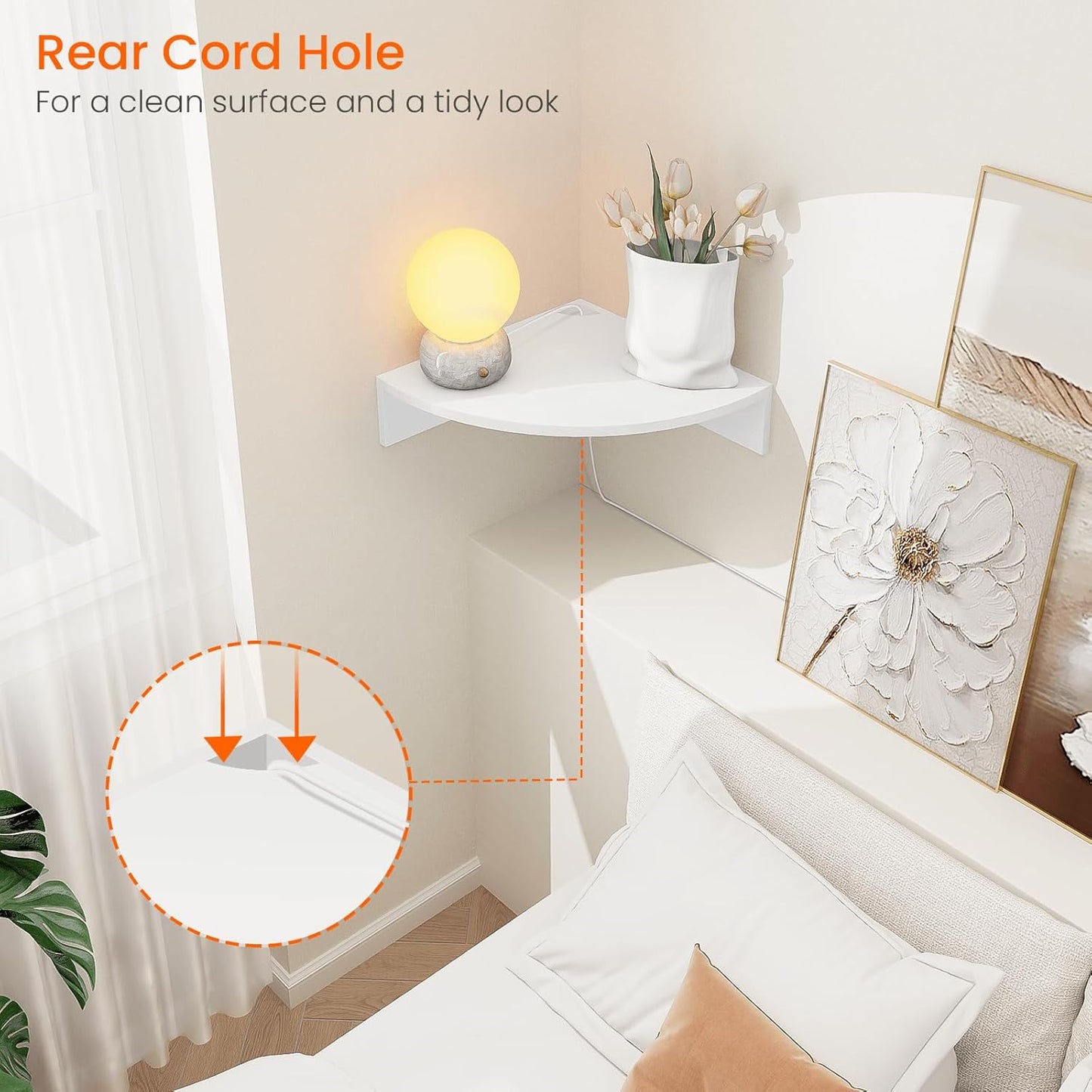 Homode White Floating Corner Shelves, Set of 3 Wood Corner Wall Shelves with Wire Hole, 12 Inch Deep