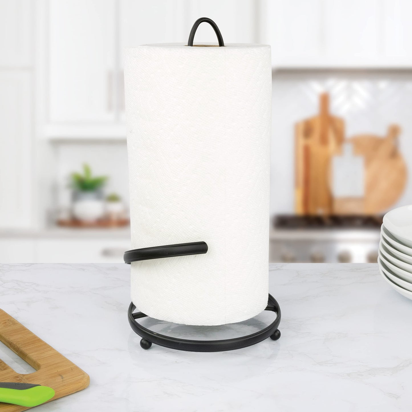 Spectrum Ashley Black Paper Towel Holder with Easy Tear Arm for Kitchen Countertop Organization, Modern Weighted Steel Base Paper Towel Roll Dispenser Stand for Standard & Jumbo Paper Towels