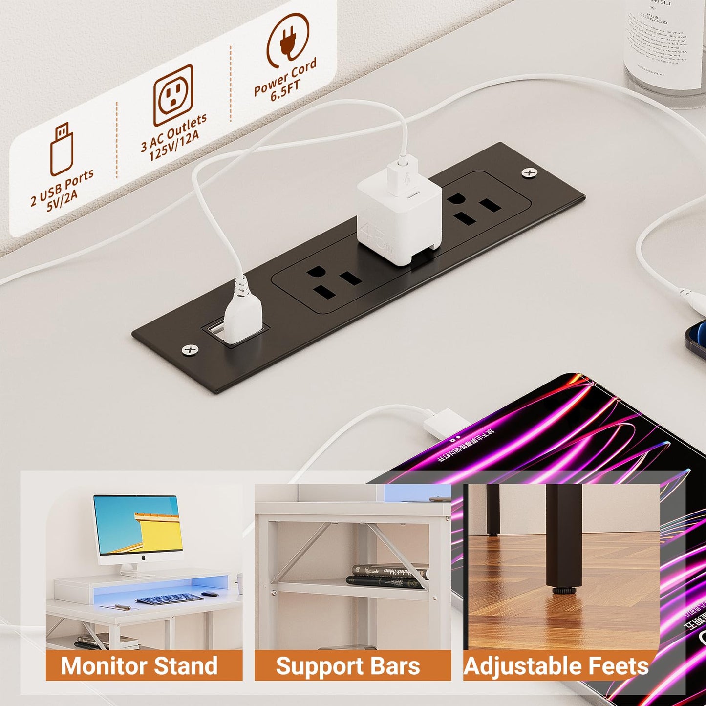 NEW - Unikito Reversible L Shaped Computer Desk with Power Outlets and Monitor Stand, Sturdy Corner Desk with RGB LED Light and Storage Shelves, Modern Work Desk for Home Office, Easy to Assemble, White