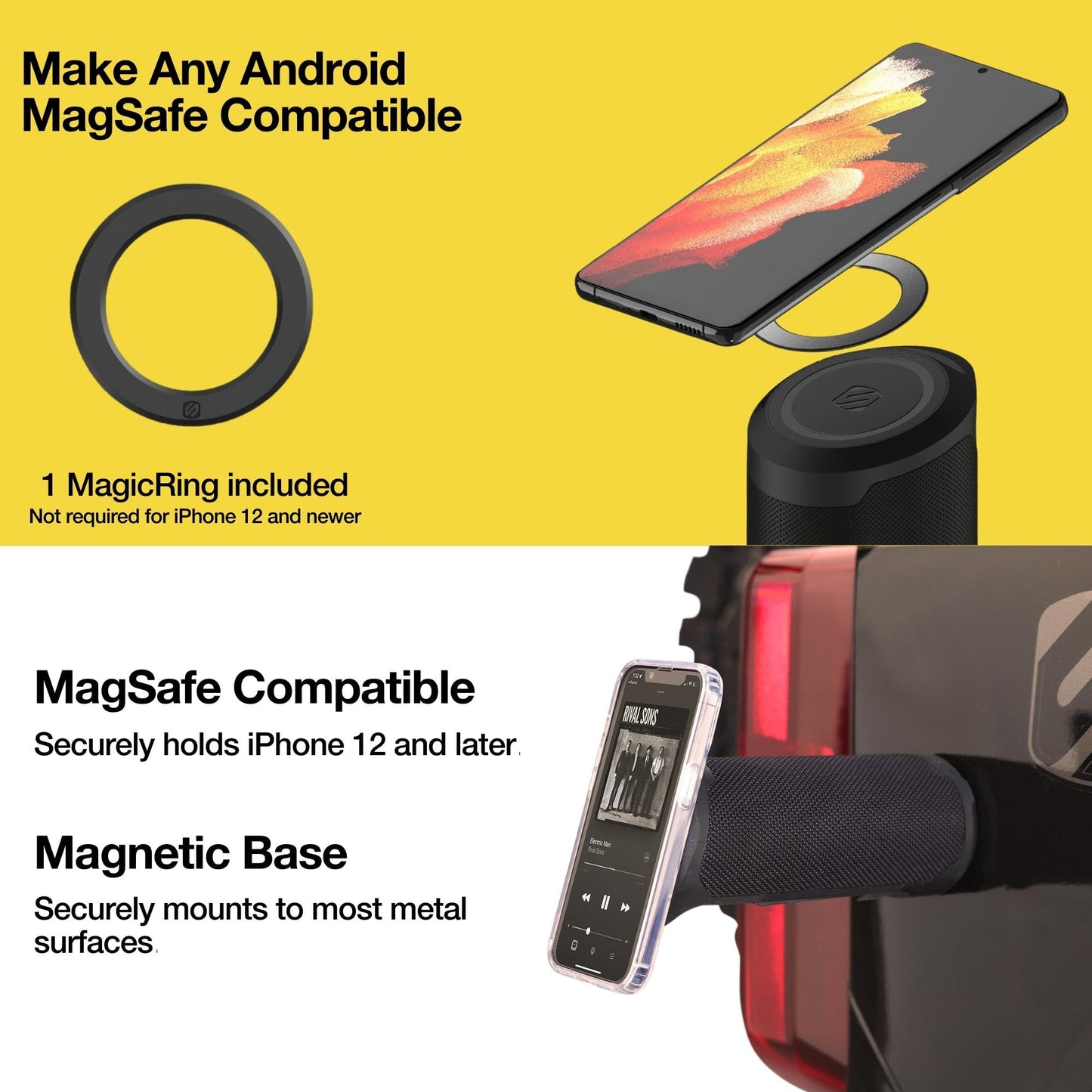 Scosche BoomBottle MS MagSafe Magnetic Bluetooth Speaker, IP67 Waterproof Portable Bluetooth Wireless Speaker for Bikes, Golf Carts, Outdoors, and Home with Integrated MagicMount Magnetic Phone Holder