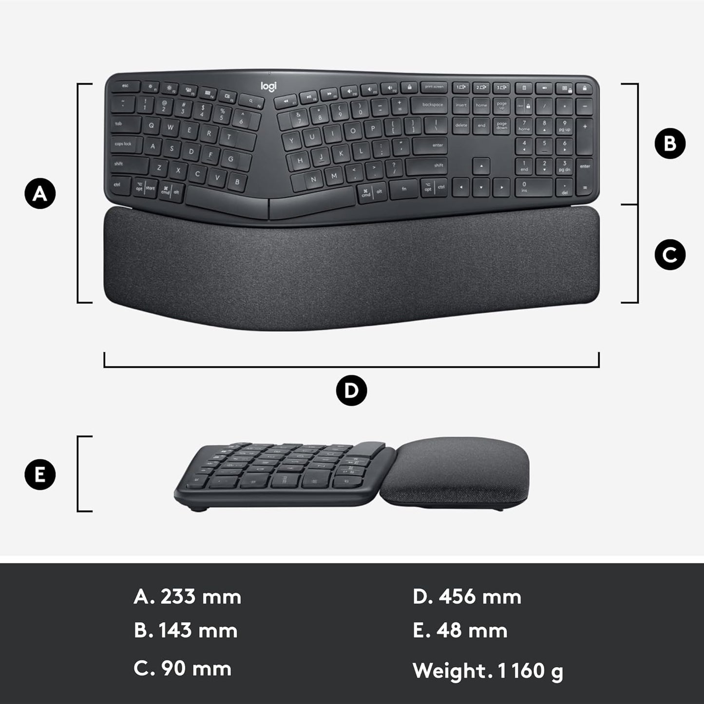 Logitech ERGO K860 Wireless Ergonomic Keyboard - Split Keyboard, Wrist Rest, Natural Typing, Stain-Resistant Fabric, Bluetooth and USB Connectivity, Compatible with Windows/Mac, Black - Retail $107