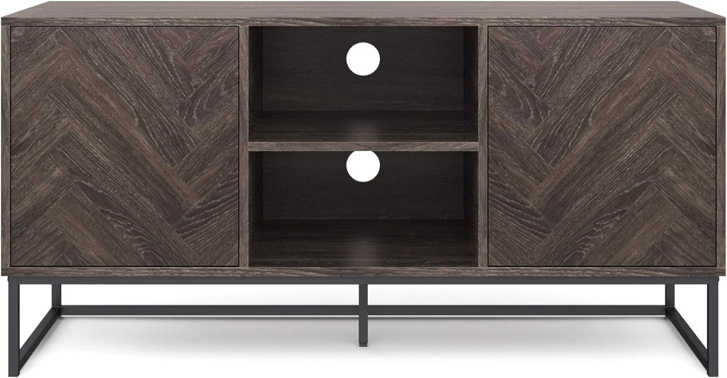 NEW - Nathan James Dylan Media Console Cabinet or TV Stand with Doors for Hidden Storage Herringbone Wood Pattern and Metal, Gray/Matte Black Length: 47" x Width: 16" x Height: 24" - Retail $169