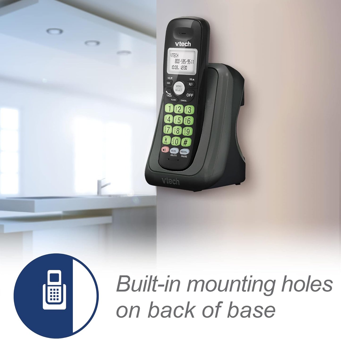 VTech Cordless Phone with DECT 6.0, Full-Duplex Speakerphone, Lighted Display, Backlit Keypad, Caller ID/Call Waiting, Volume Control, Hearing Aid Compatible, Wall Mount | VG131-11 (Black)