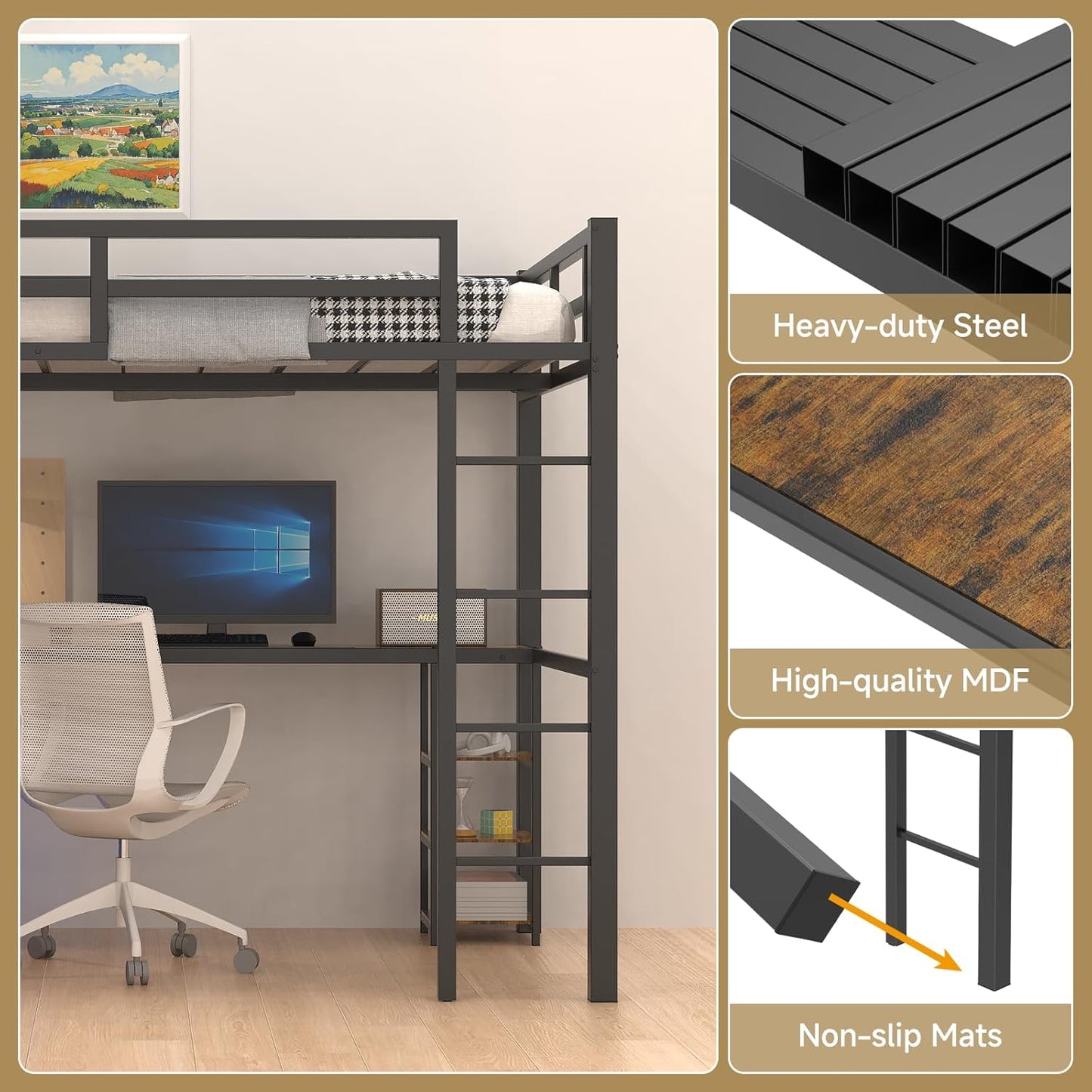 Heavy Duty Metal Full Size Loft Bed with Desk and Shelves, Loft Bed with Ladder and Guardrails, Loft Bed Frame for Bedroom, Black with Vintage Wood-Colored Desk and Open Storage Shelves