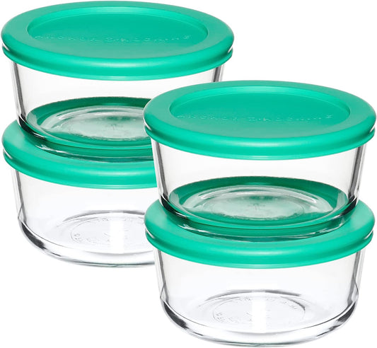 Anchor Hocking 2 Cup Glass Storage Containers with Lids, Set of 4 Glass Food Storage Containers with Mint SnugFit Lids - Retail $19