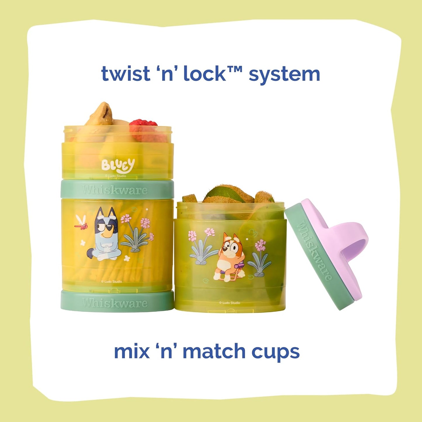 Whiskware Bluey Stackable Snack Containers for Kids and Toddlers, 3 Stackable Snack Cups for School and Travel, Bluey and Bingo, So Relaxing! - Retail $15