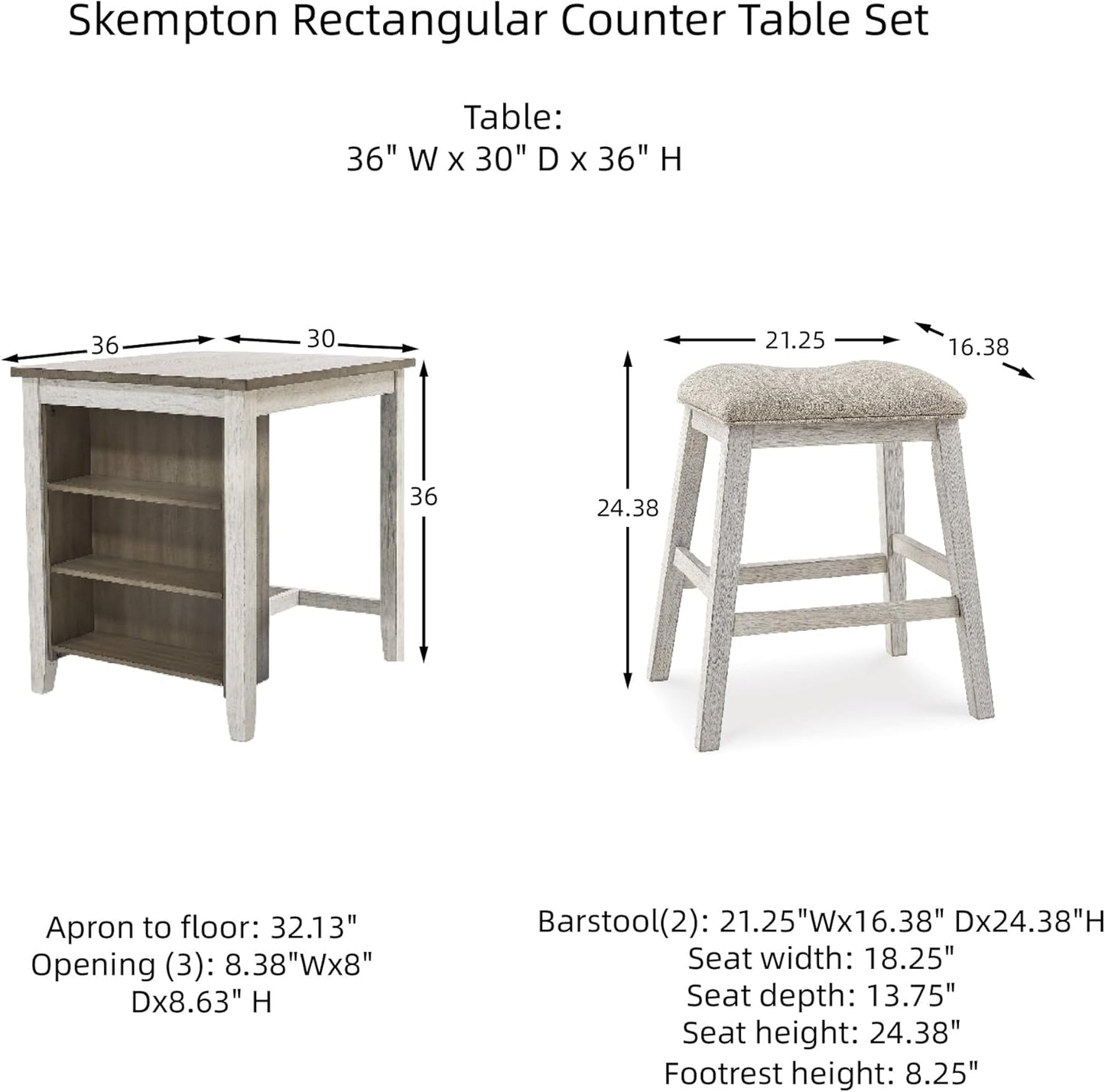 NEW - Signature Design by Ashley Skempton 3 Piece Counter Height Dining Set, Includes Table and 2 Barstools, Whitewash - Retail $349