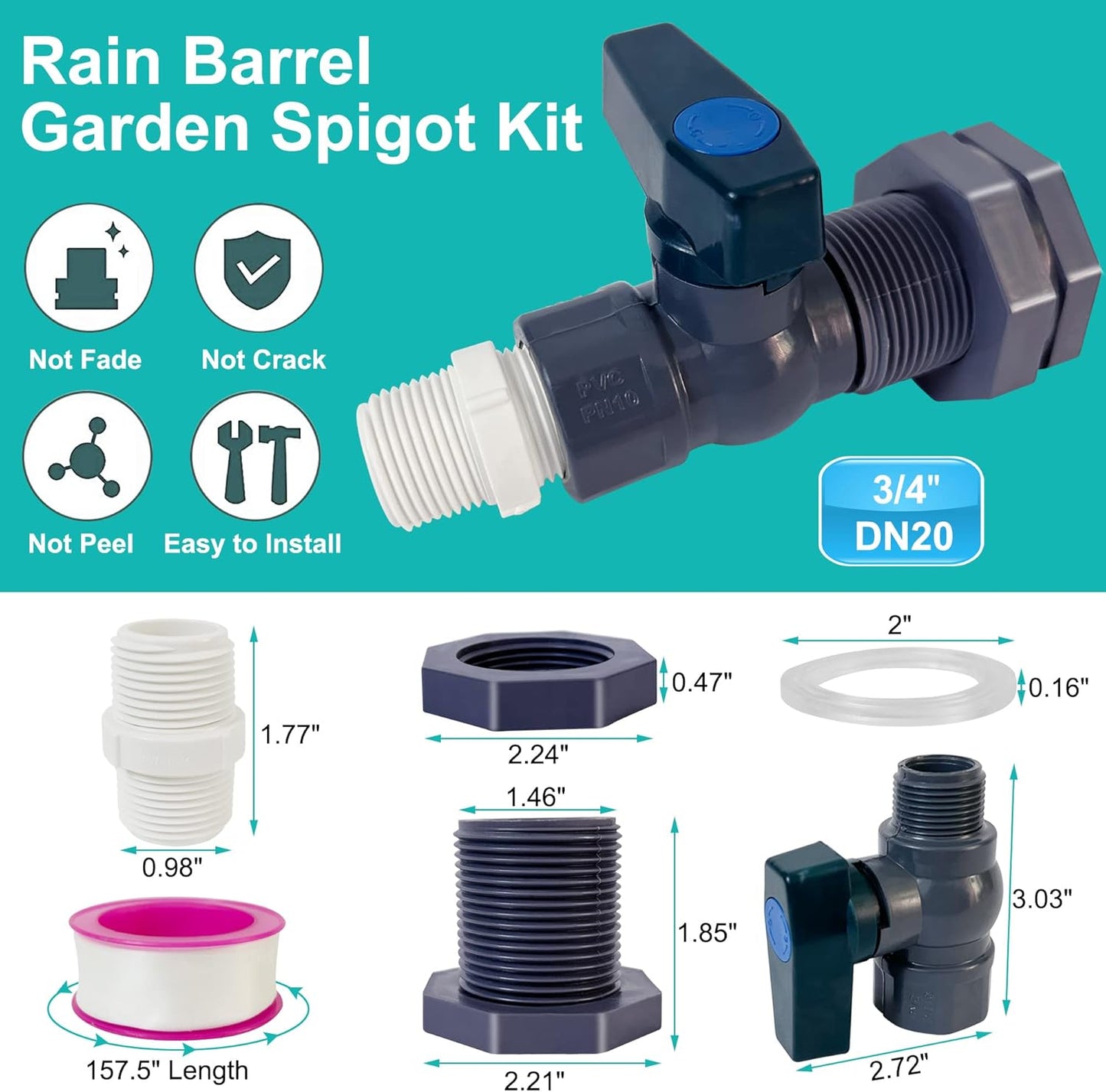 2 Pack Rain Barrel Diverter Kit, 3/4 Inch PVC Garden Water Barrel Spigot Kit with Bulkhead Fitting Hose Faucet Adapter and Thread Seal Tape for Water Tanks,Aquariums,Tubs,Pools,Garden Barrels