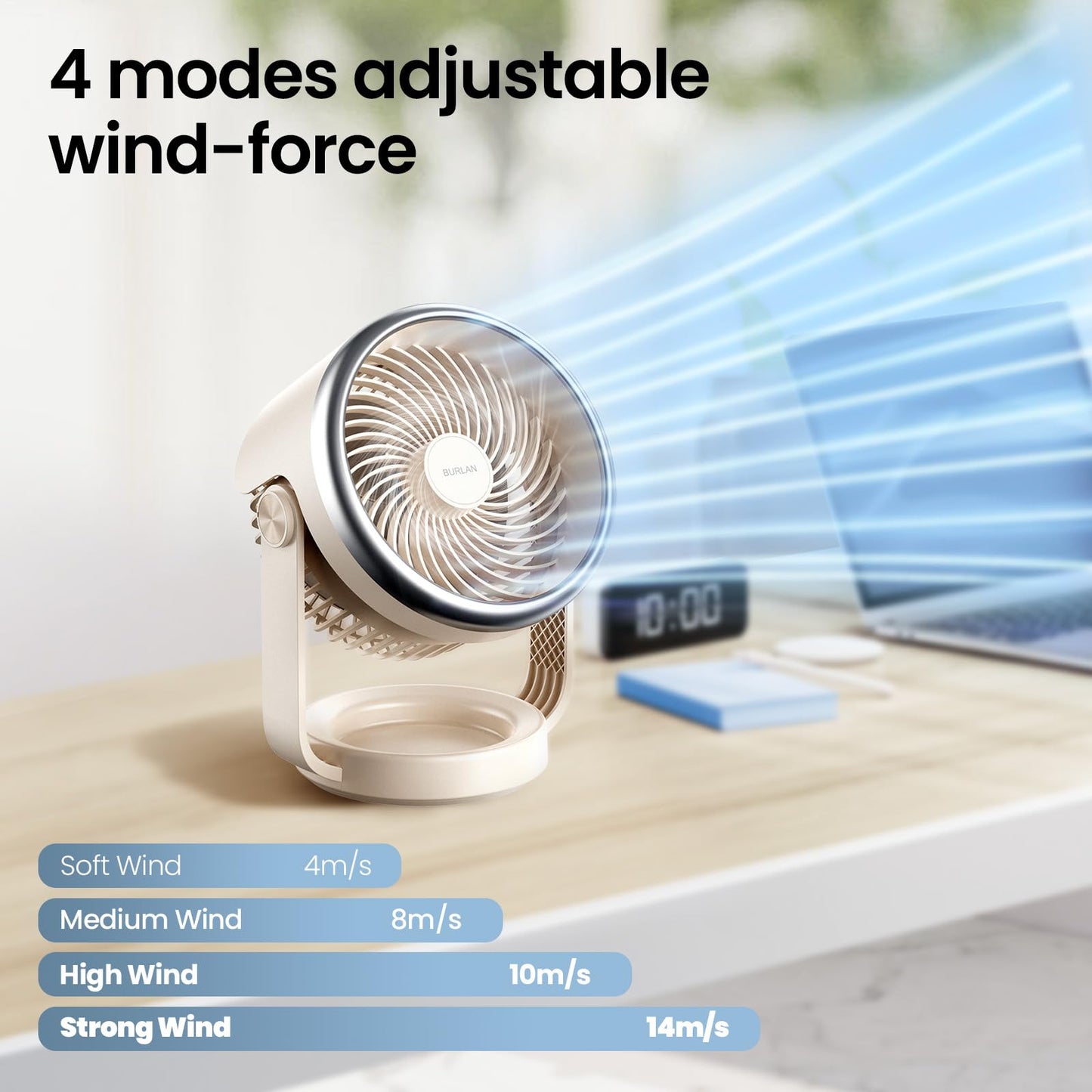 Desk Fan, 10 inch Air Circulator Quiet Operating Fan for Bedroom, 70ft Strong Airflow, Portable Fan Battery Operated with USB (D-Grey)