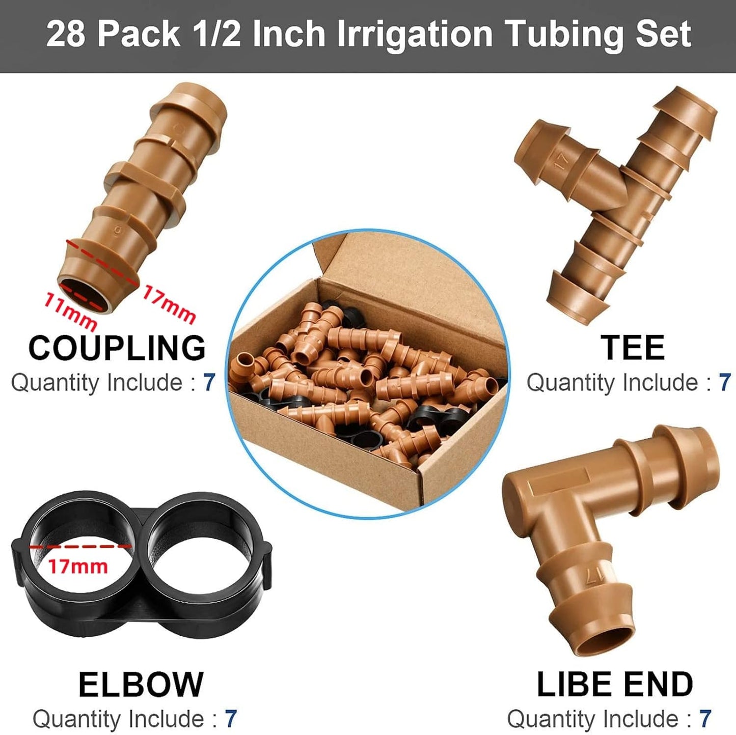 Boao Drip Irrigation Fittings Barbed connectors Tubing Kit Irrigation Parts for 1/2 Inch Barbed Connectors 28 Pcs Including 7 Tees 7 Couplings 7 Elbows and 7 End Cap for Drip or Sprinkler Systems