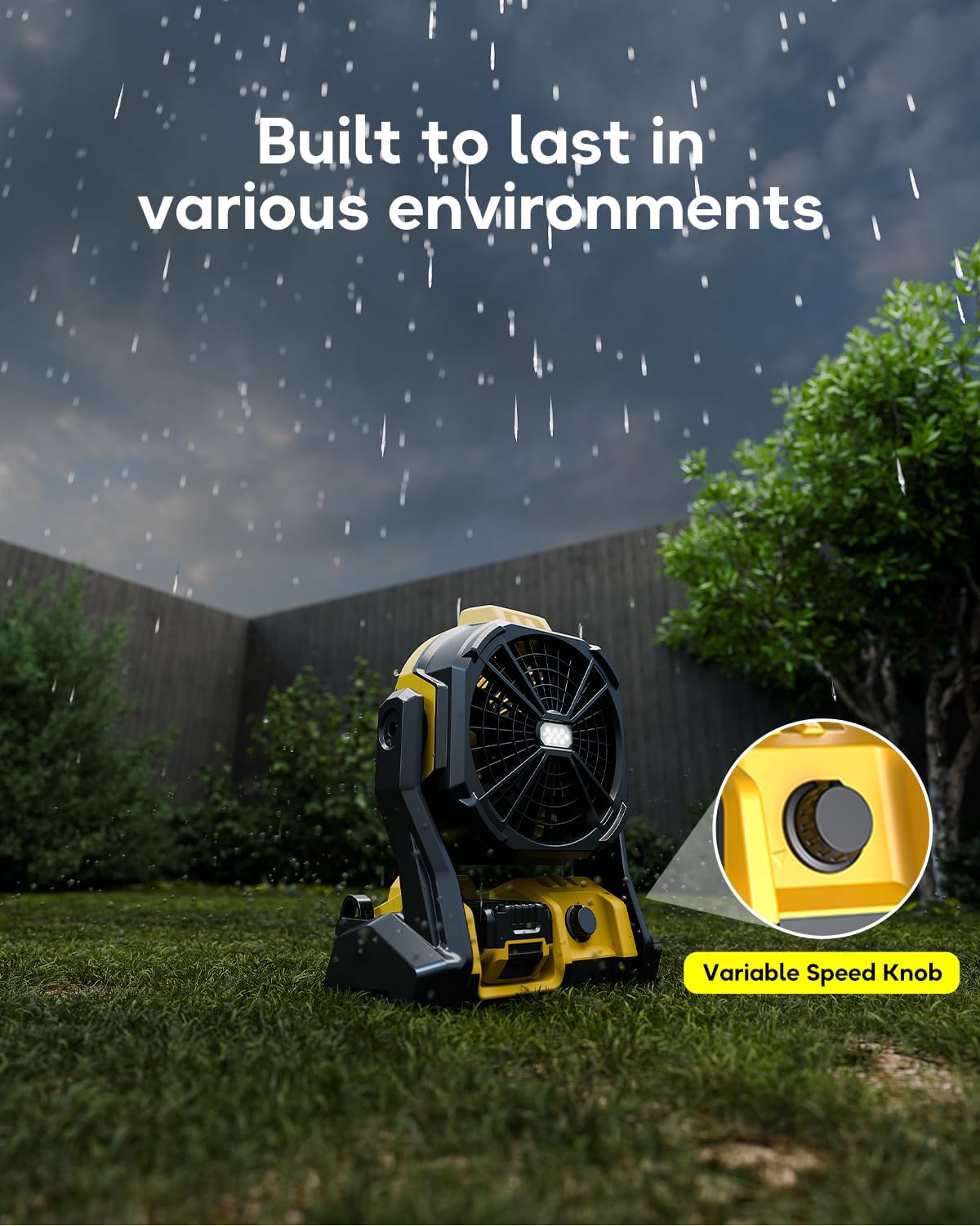 Battery Operated Fan, for DeWalt 20V Max Battery, Camping Fan Cordless, Option for Corded, with LED Lights, Variable Speed, Hook for Hanging, for Jobsite, Black(Battery Not Included)