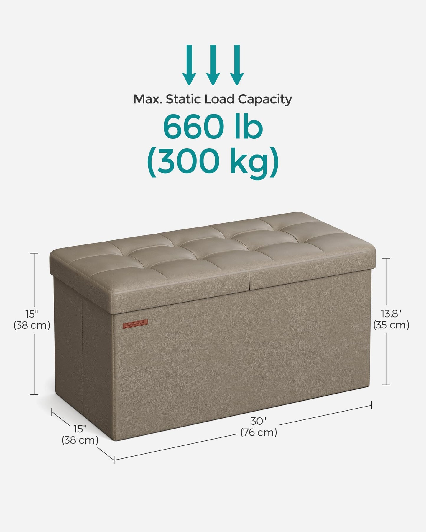 SONGMICS MAZIE Collection - 30 Inches Storage Ottoman Bench with Flipping Lid, Storage Chest Footstool, Load 660 lb, for Entryway, Living Room, Bedroom, Synthetic Leather, Camel Brown ULSF045K03