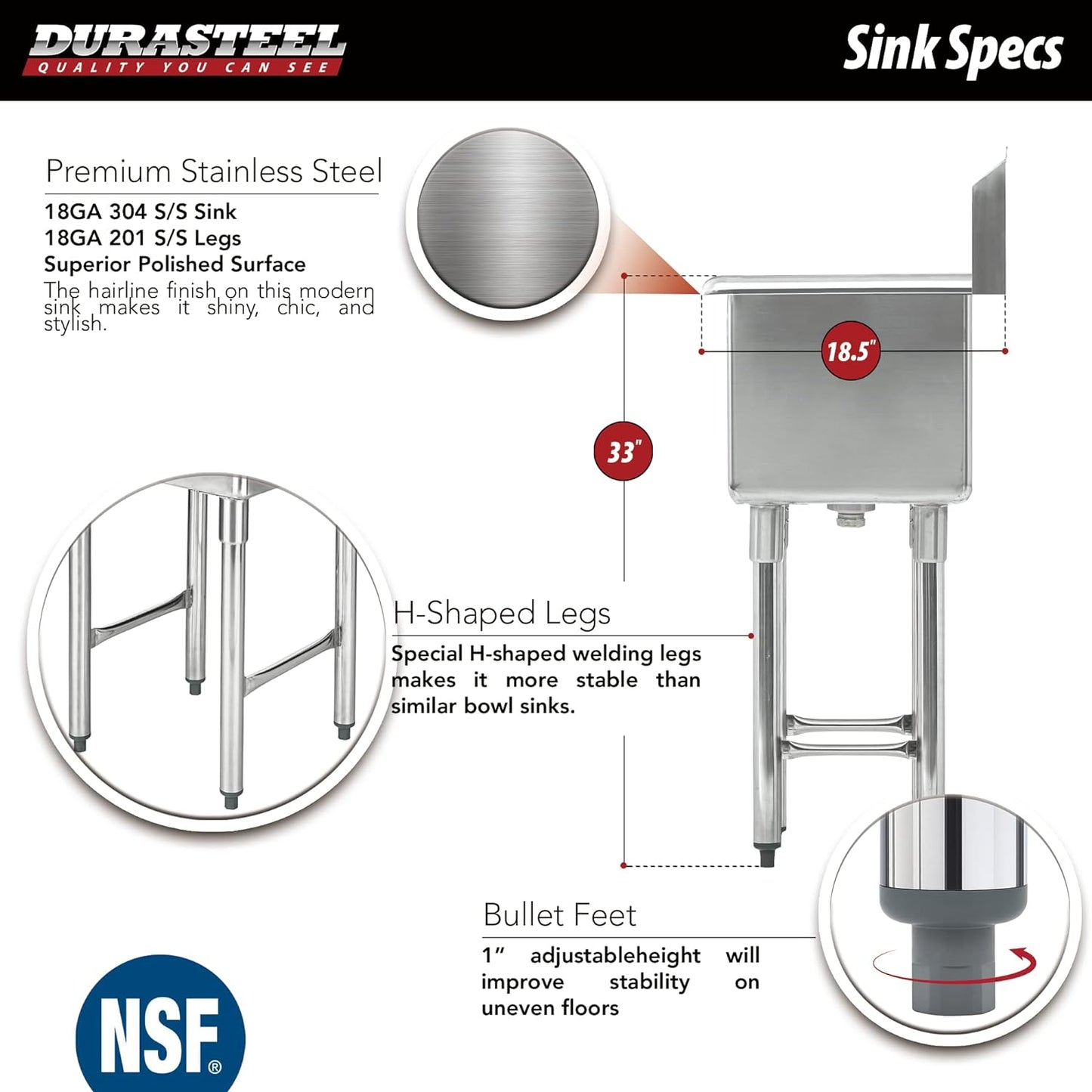 NEW - Stainless Steel Prep & Utility Sink - DuraSteel 1 Compartment Commercial Kitchen Sink - NSF Certified - Single 15" x 15" Inner Tub with No Lead Faucet (Restaurant, Kitchen, Laundry, Garage) - Retail $368