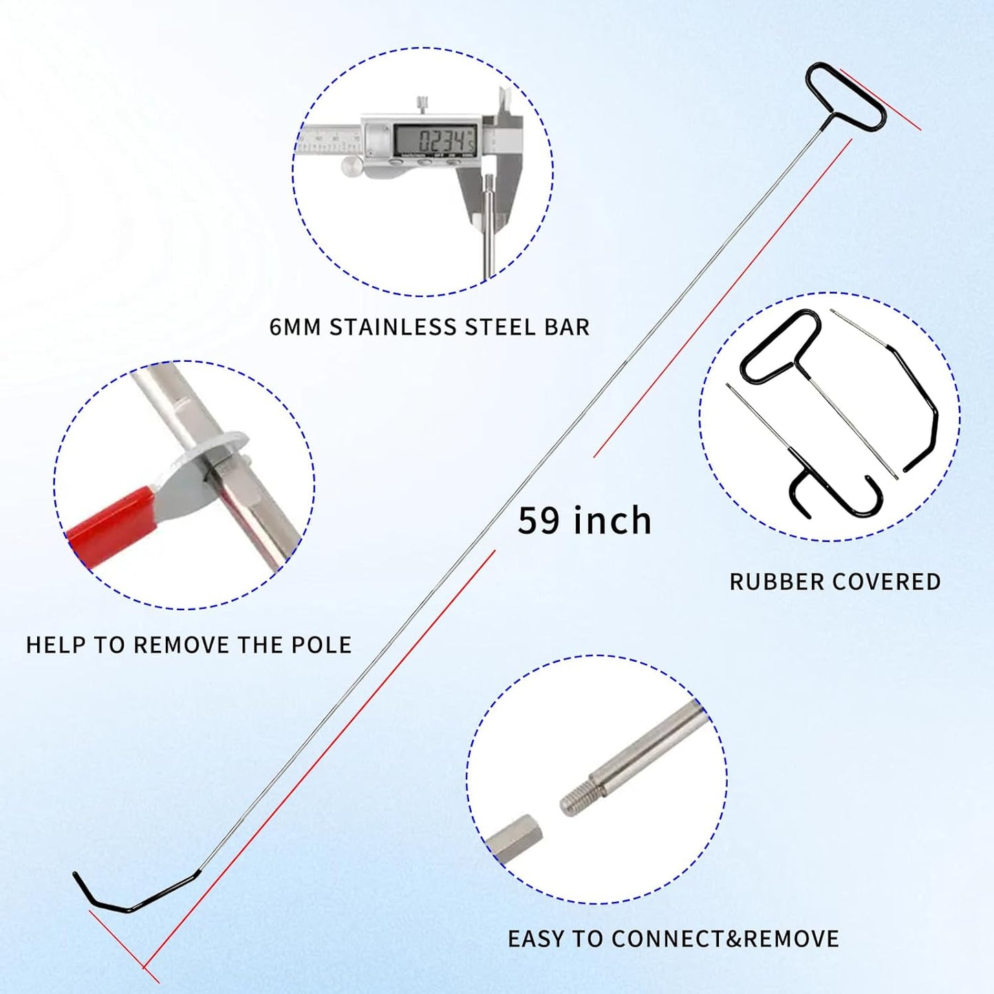 Stainless Steel Adjustable Pool Retrieval Hook 59 inches, Swimming Pool Equipment Hooks with 2 Hook Heads