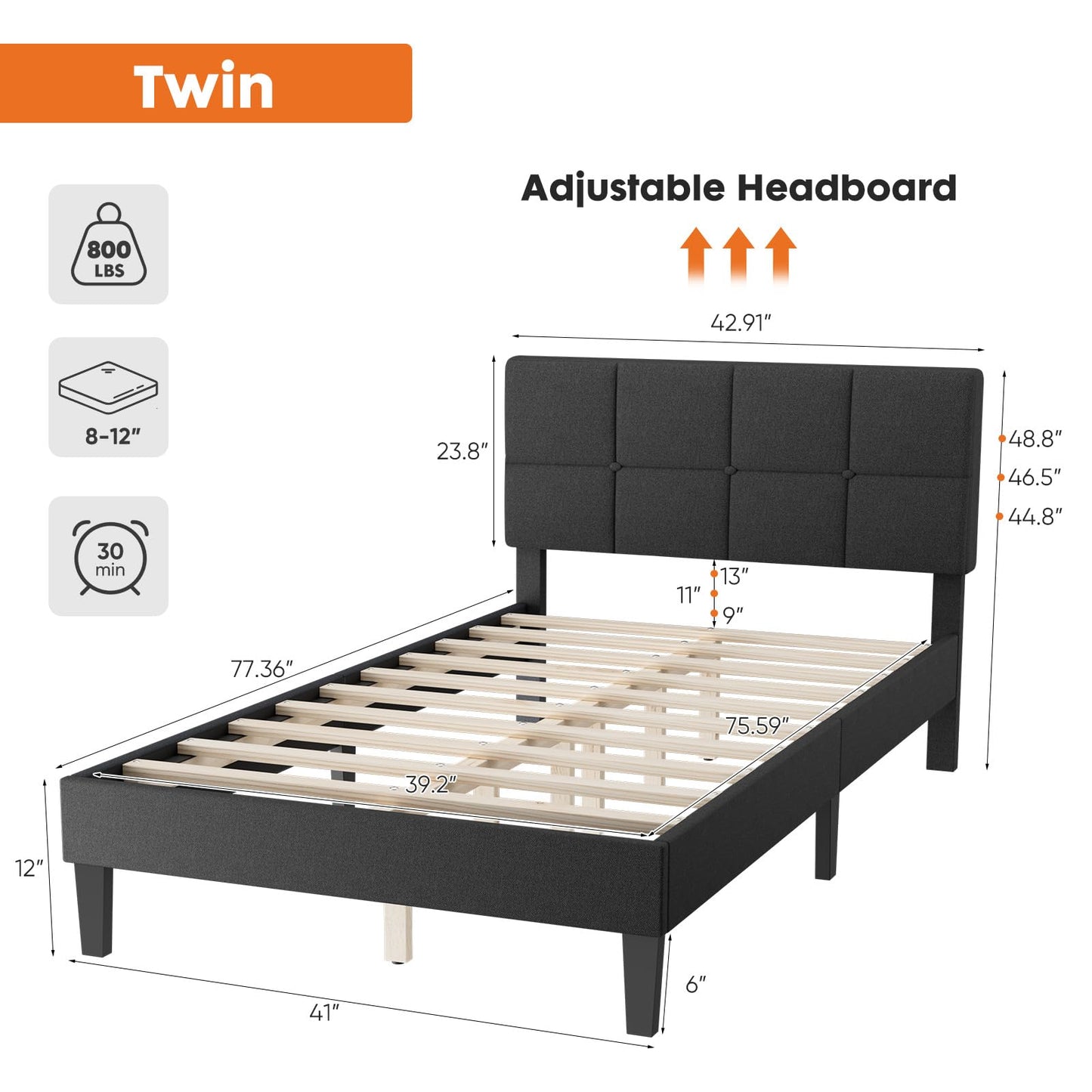Twin Bed Frame with Adjustable Height Headboard, Dark Grey