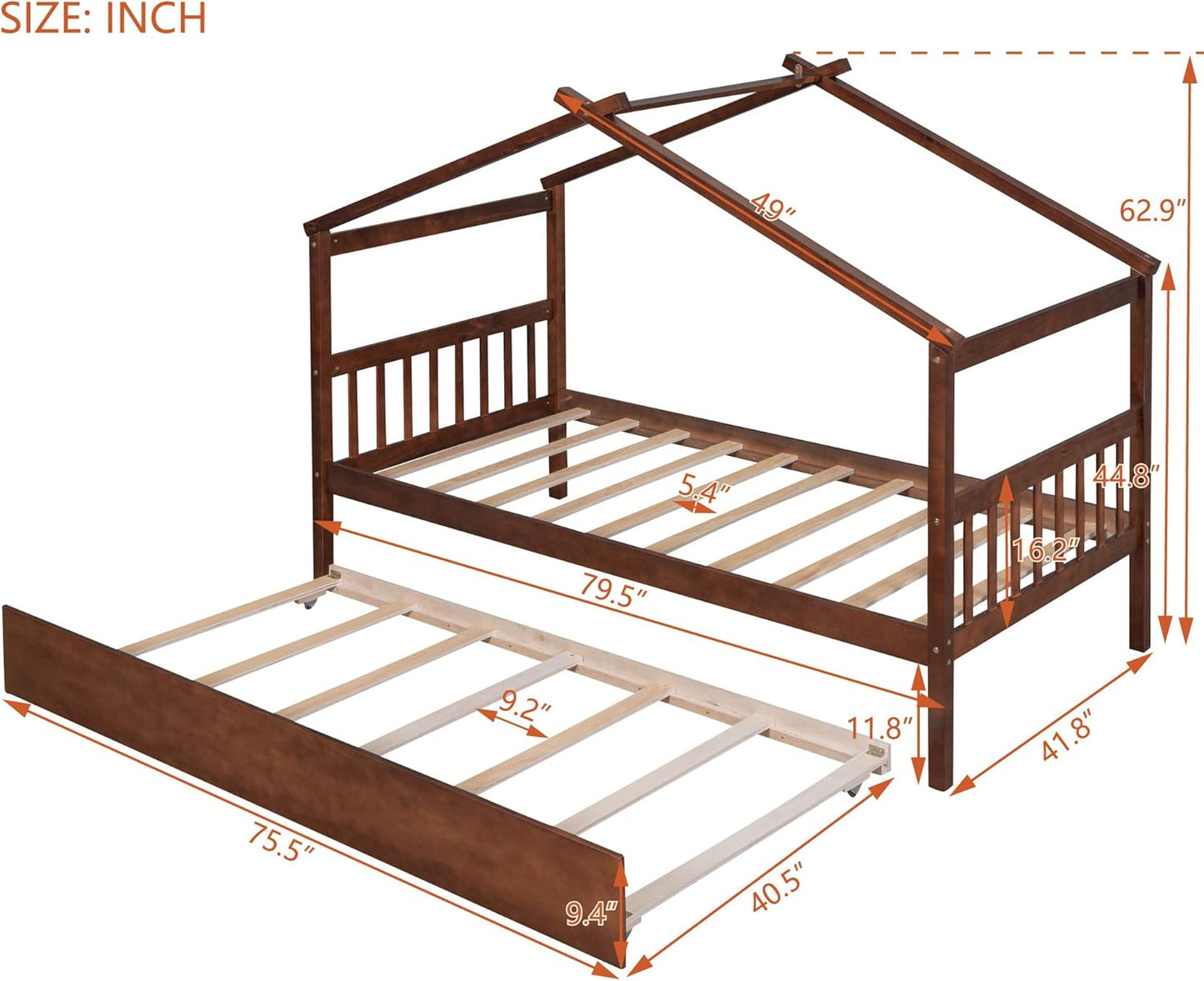 SPOFLYINN Full Size House Bed with Twin Size Trundle, Wooden House Bed Frame with Roof Headboard for Boys Girls Teens Bedroom Furniture (Mattress Not Included) Waln - Retail $367