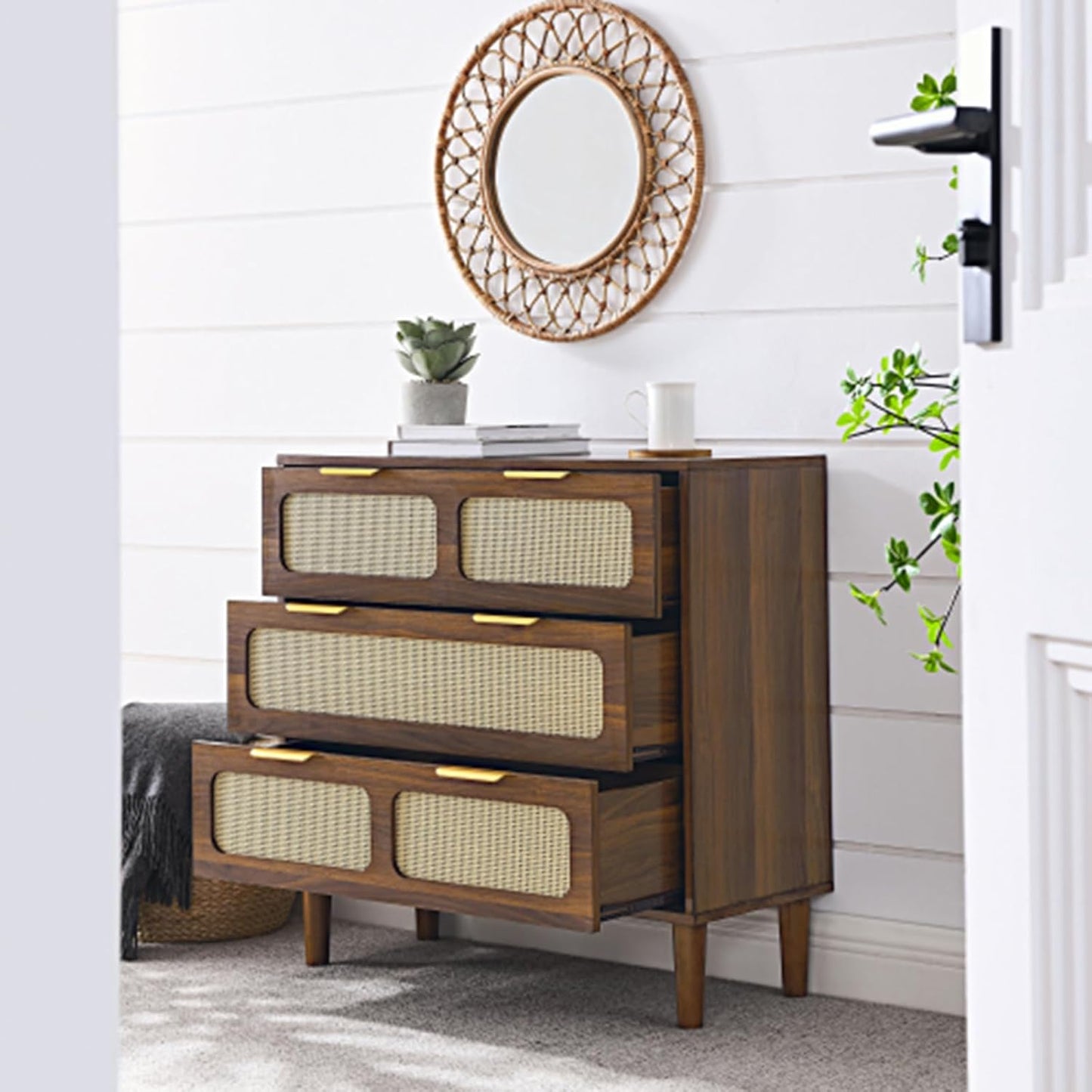 NEW - SPOFLYINN 3 Rattan Drawer Dresser with 3 Wide Drawers, Metal Handles Modern Rattan Dresser Cabinet for Bedroom, Living Room, Hallway, Entrance Farmhouse Storage Drawer Chest Walnut As Shown - Retail $260