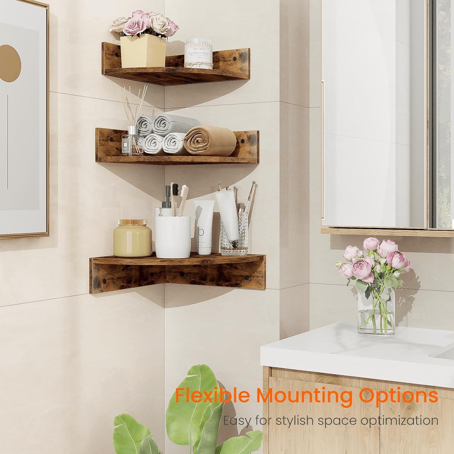 Homode Brown Corner Floating Shelves, Set of 3 Corner Shelves Wall Mounted with Cable Hole