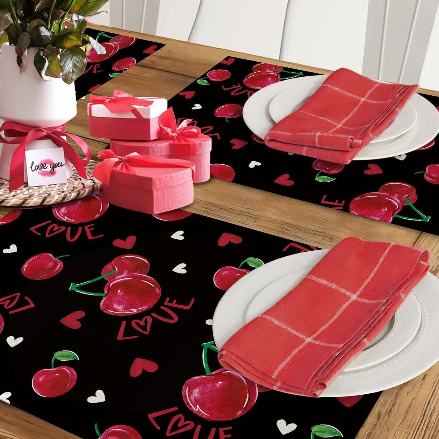 Valentines Day Cherry Black Placemats Set of 4, Love Hearts Dining Place Mats Table Decor, Anniversary Wedding Home Kitchen Decoration 12 x 18 Inch