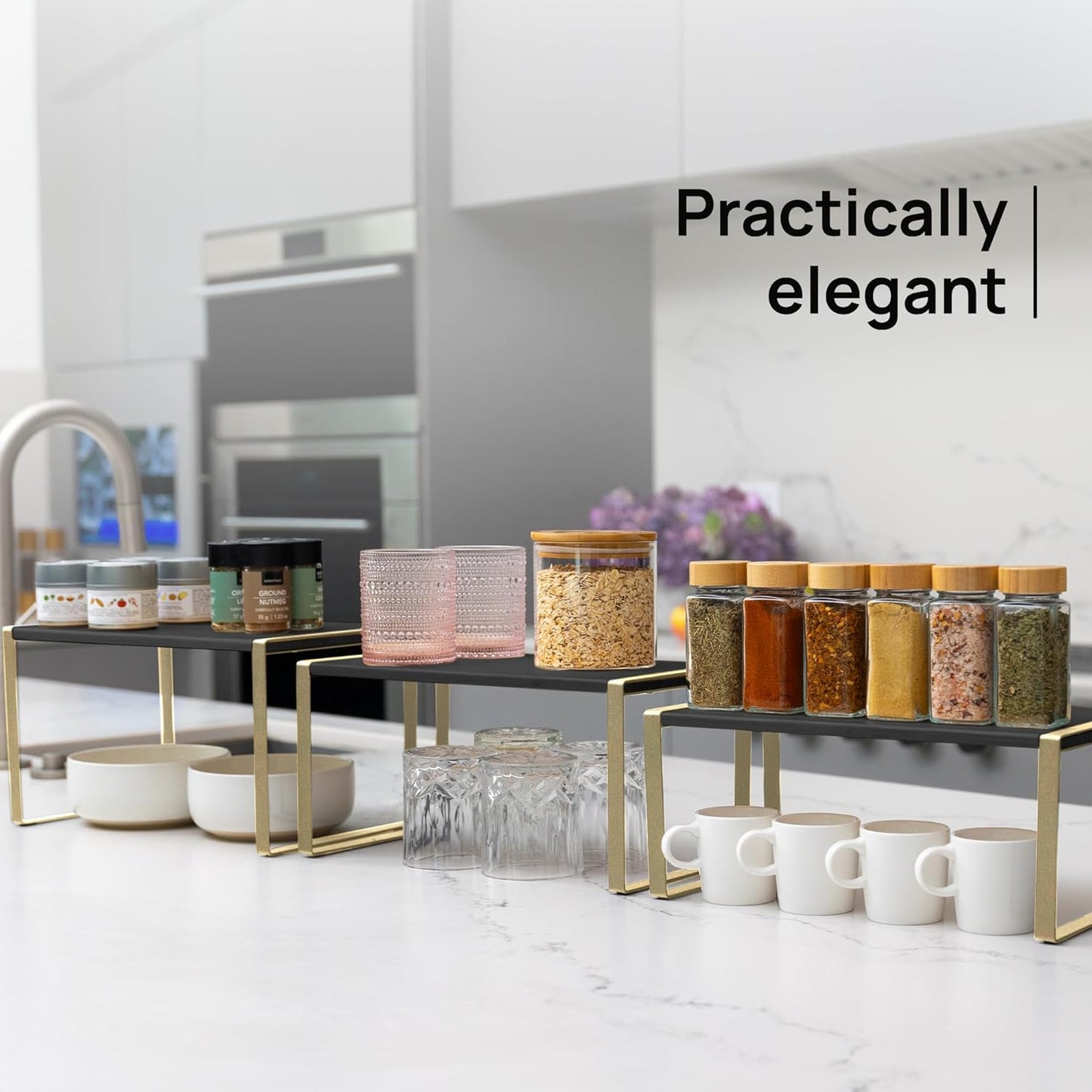 Ibyx Premium Kitchen Cabinet Organizer Shelf - Set of 3 Kitchen Counter Shelves - Stackable Shelf Racks for Cabinets - Metal Frame & Engineered Wood (Black Wood, Gold Frame)