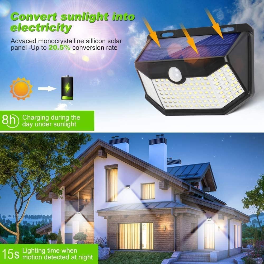 HMCITY Solar Lights Outdoor 120 LED with 3 Lighting Modes, Motion Sensor Wall Lights,IP65 Waterproof Solar Powered for Garden Patio Yard (Back Button 2Packs, Daylight White, 6500K)