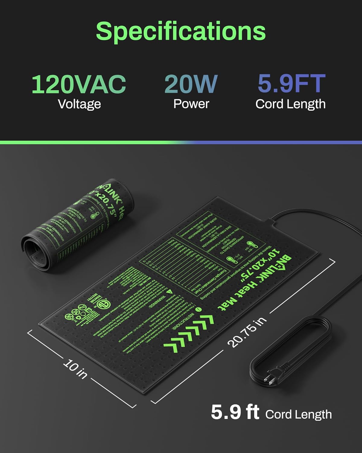 BN-LINK Durable Seedling Heat Mat for Seed Starting 10" x 20.75", Waterproof Warming Mat Plant Heating Pad for Seed Germination, Indoor Growing, Hydroponic, Greenhouse, ETL Listed