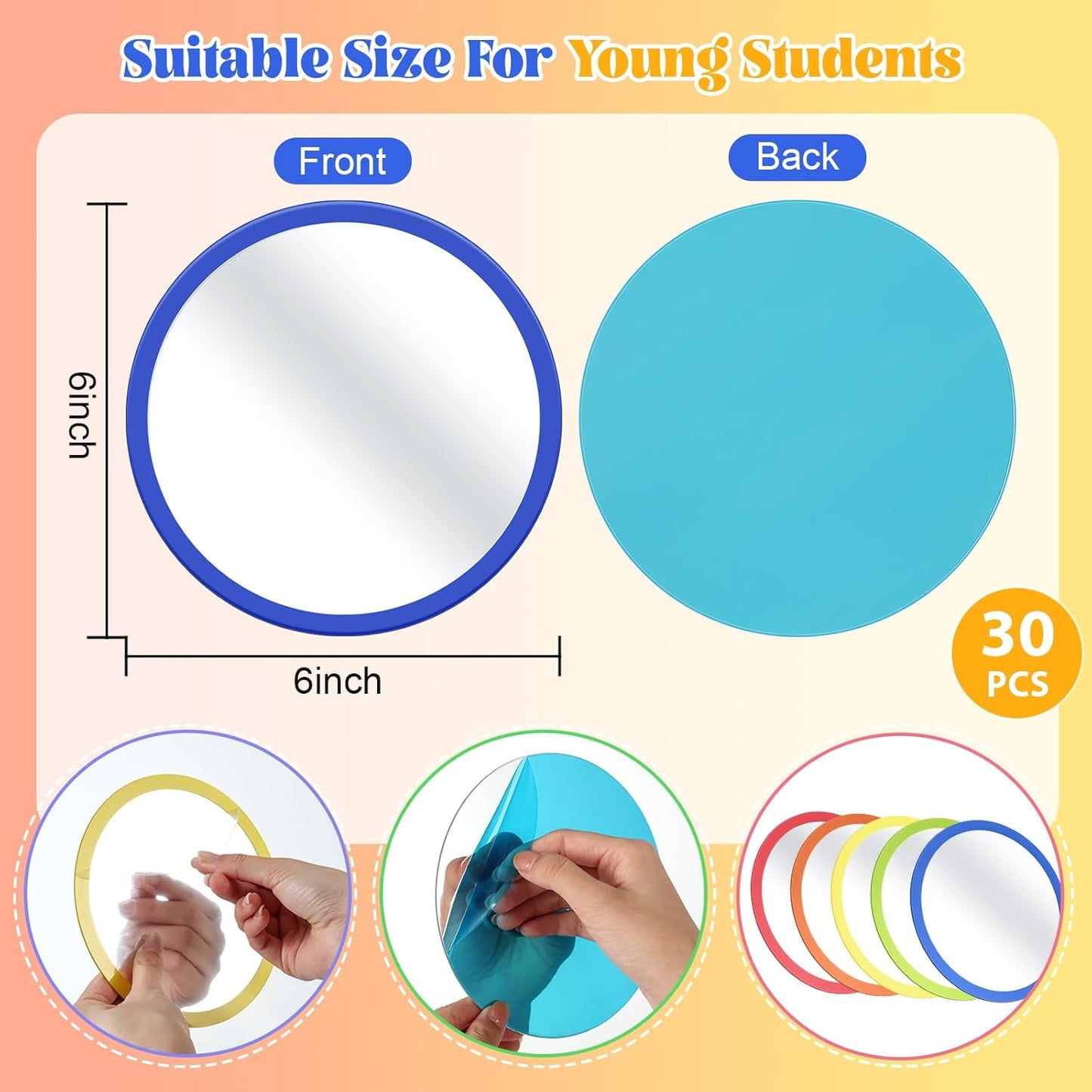 Dandat 30 Pcs Small Mirrors for Kids 6 x 6 Inches Round Unbreakable Shatter Proof Mirror for School Classroom Bathroom DIY Crafts Preschool Facial Expression (Multicolor)