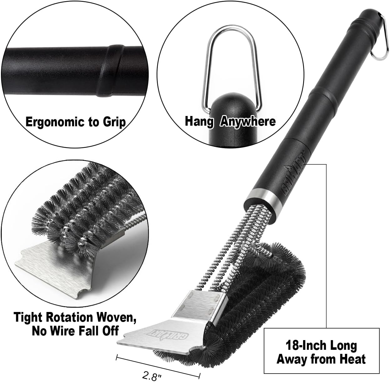 GRILLART Grill Brush and Scraper Tightly-Woven 3 in 1 Wire Bristles, Safe 18” Long Handle Heavy-Duty Stainless Cleaning Tool, Outdoor Grill Barbecue Cleaner BBQ Accessories, Gifts for Men Dad, BR-4516