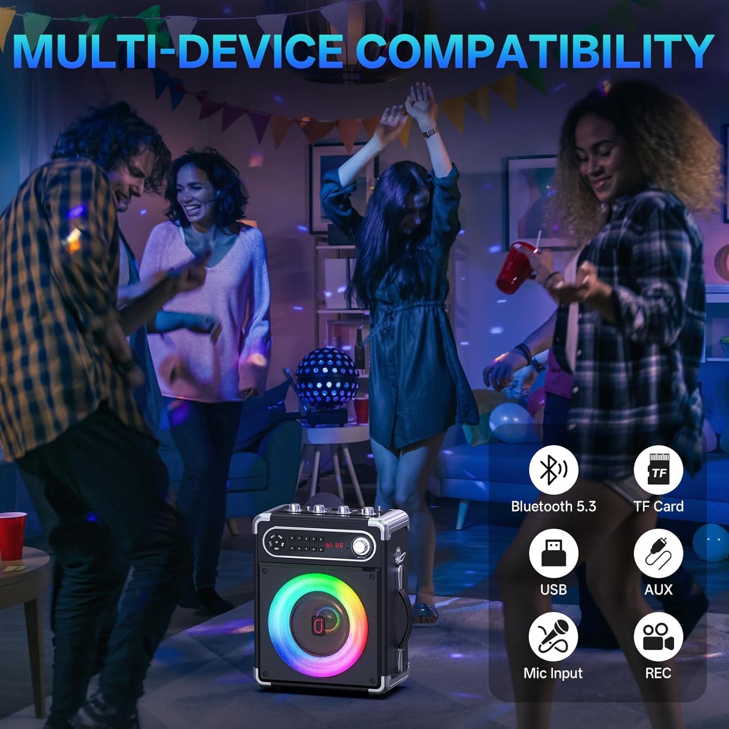 JYX Karaoke Machine, Portable Bluetooth Speaker with 2 Microphones for Adults, PA System with Bass/Treble Adjustment, Supports TF Card/USB, AUX in, FM, REC,TWS for Party-Black