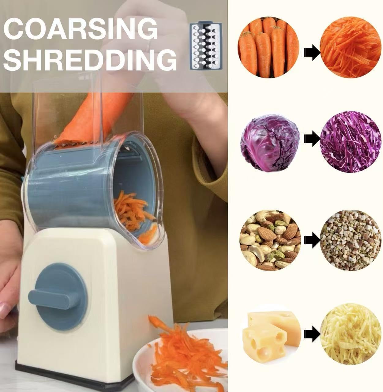 rotary cheese grater slicer with handle and suction base, stainless steel mandoline slicer with large barrel, vegetable potato slicer, nut grinder, carrot shredder, chopper, cutter