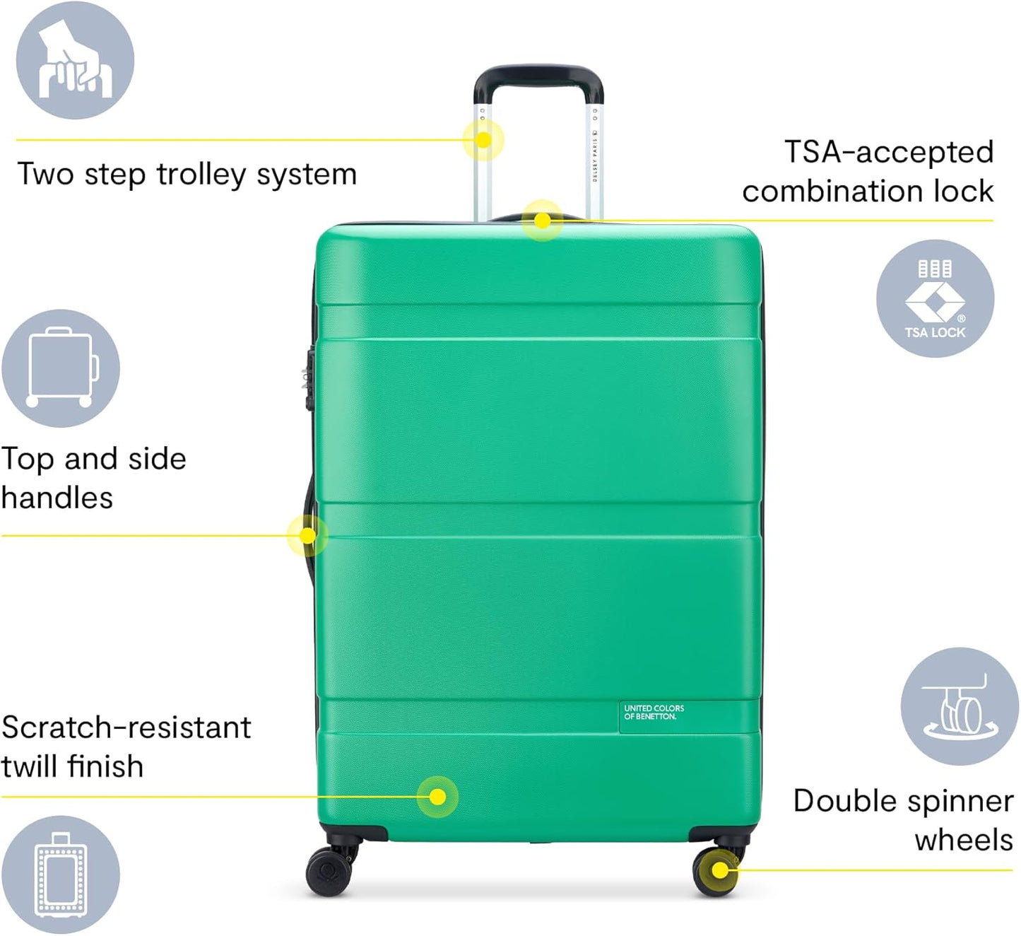 United Colors of Benetton Now Hardside Luggage with Spinner Wheels, Green, 3 Piece Set 19/23/27 Inch - Retail $390