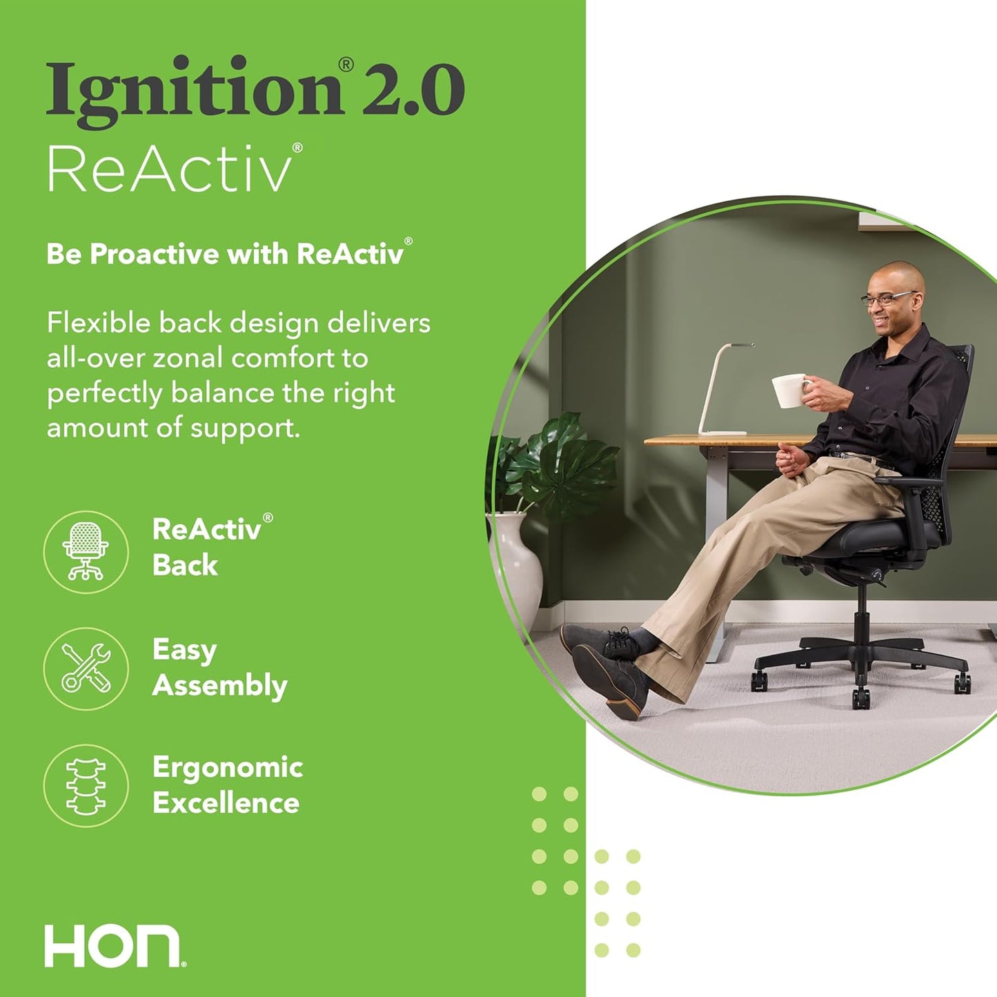 WHITE - HON Ignition 2.0 ReActiv Ergonomic Office Chair, Synchro-Tilt Recline, Breathable Flex Back, Swivel Wheels, Comfortable Desk Chair for Long Hours