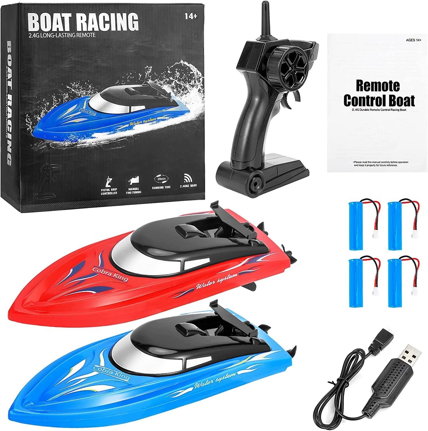 2PACK RC Boat,Remote Control Boats for Kids and Adults,10km/H 2.4G High Speed Remote Control Boat,Fast RC Boats for Pools and Lakes with 4 Rechargeable Battery.(Blue+Red)