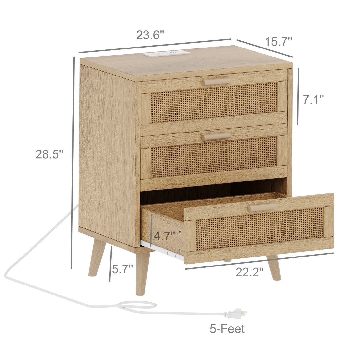Irontar Rattan Nightstand with Charging Station, Night Stand with Rattan Decorated Drawers, Accent End Table, Bedside Table with Solid Wooden Legs for Bedroom, Natural BZZ006ME