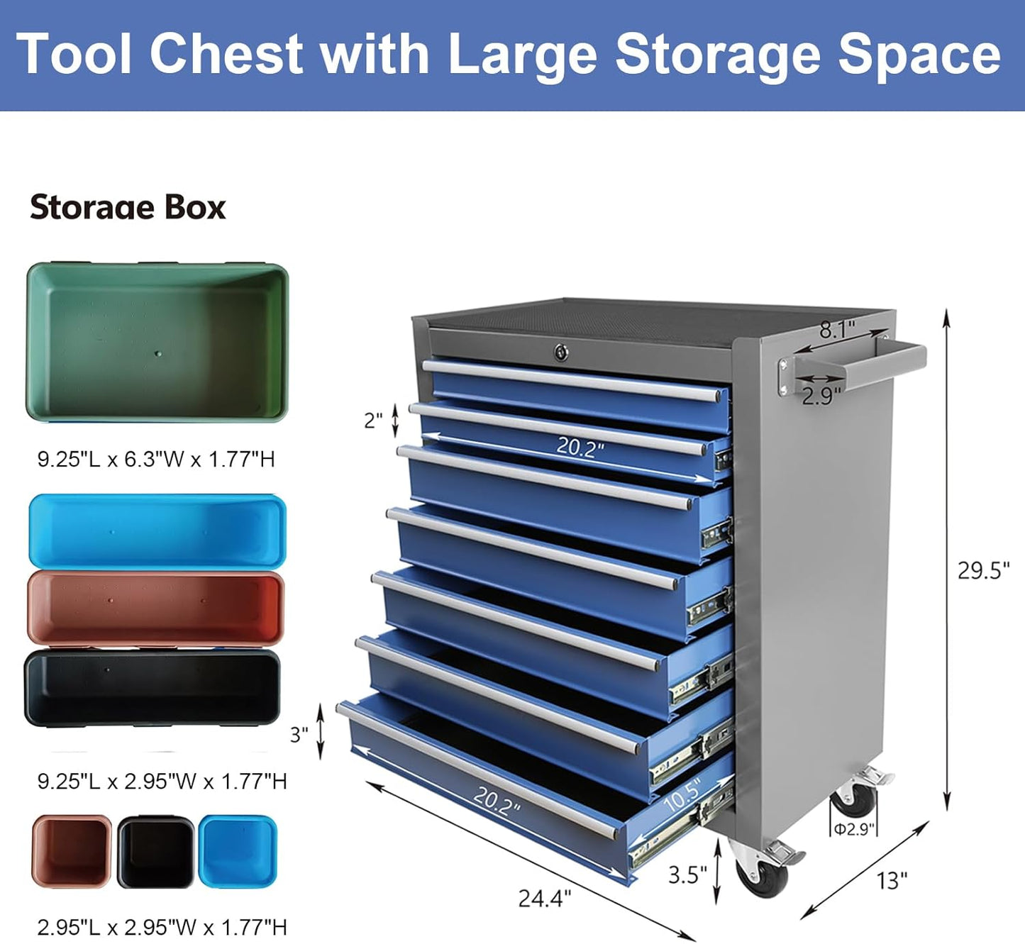 NEW - 7-Drawer Tool Chest with Wheels, Rolling Tool Chest with Drawers, Top Cushion & 7PCS Tray Divider Set, Multifunctional Craftsman Tool Storage Chest for Garage, Warehouse, Workshop, Repair Shop,Blue - Retail $209