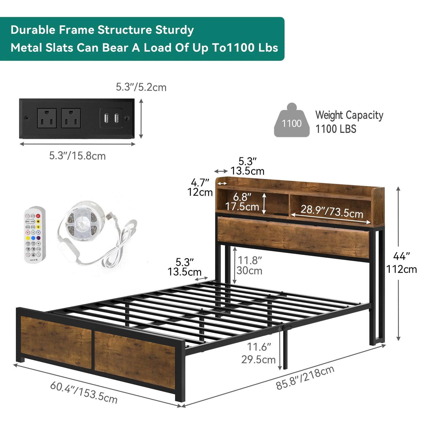 YITAHOME Queen Size Bed Frame,LED Bed Frame with Headboard,USB Ports & Charging Outlets,Metal Platform Bed Frame with 2 Tiers Storage Shelves, No Box Spring Needed, Vintage Grey