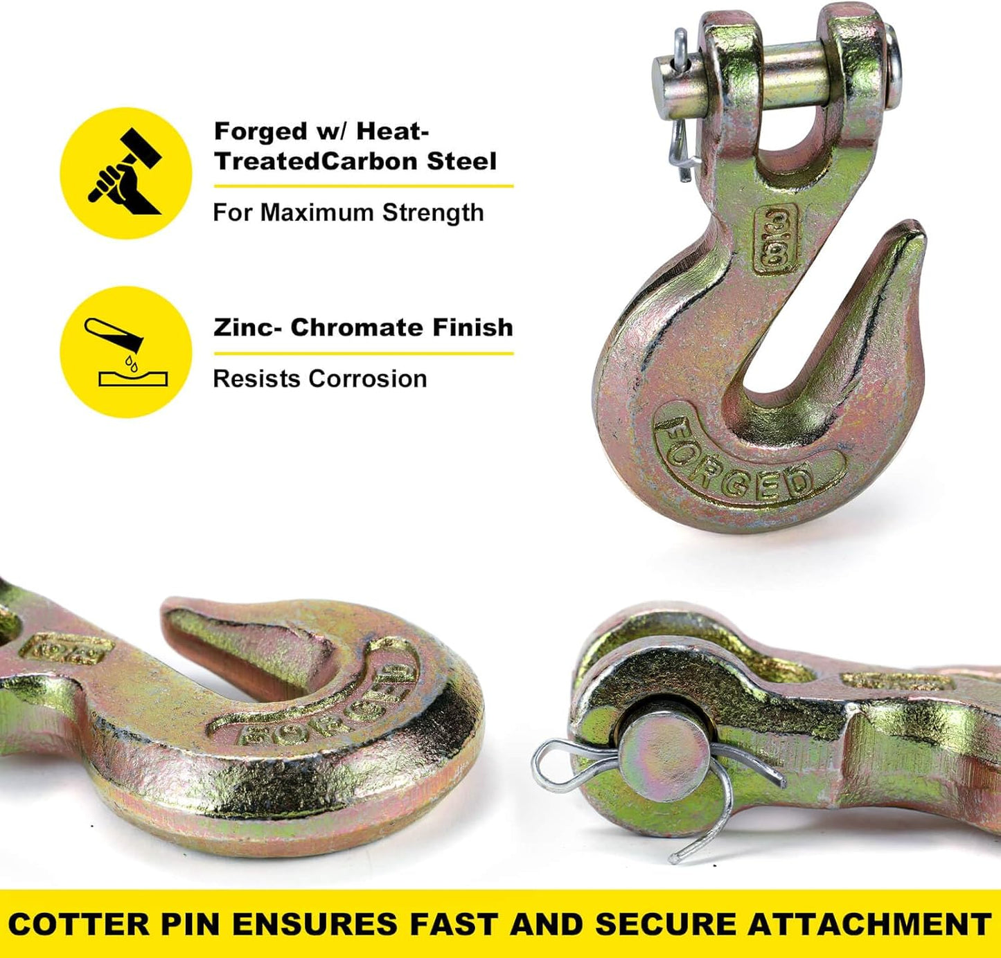G70 3/8 Chain Hook Heavy Duty Clevis Grab Hook for 3/8 Inch Grade 70 Chain - for Trailer Truck Transport Yellow Chromate Finish (4Pack)