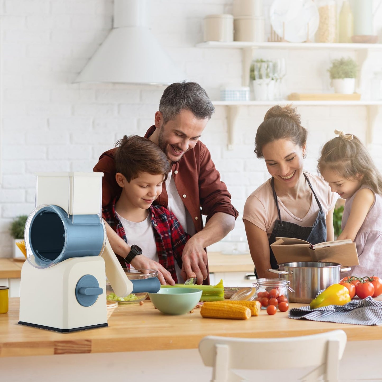 rotary cheese grater slicer with handle and suction base, stainless steel mandoline slicer with large barrel, vegetable potato slicer, nut grinder, carrot shredder, chopper, cutter