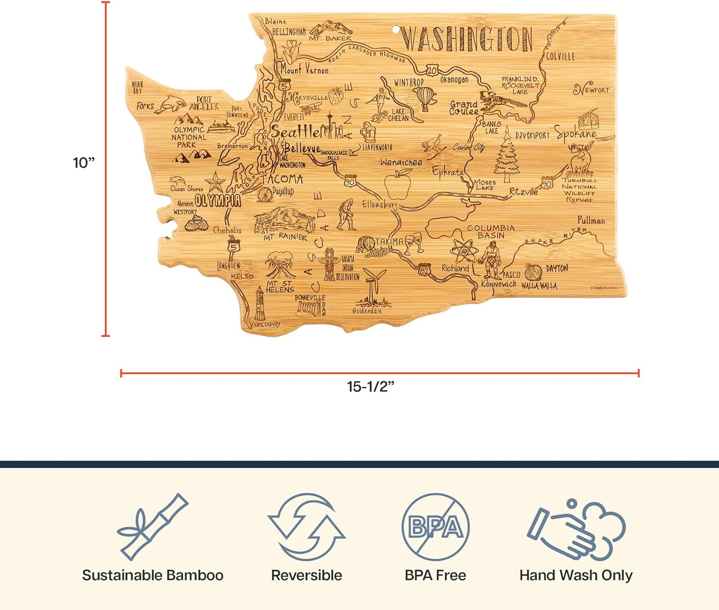 Totally Bamboo Destination Washington State Shaped Cutting Board, Charcuterie and Cheese Serving Board – Washington Gift for Home Décor or Everyday Kitchen Use