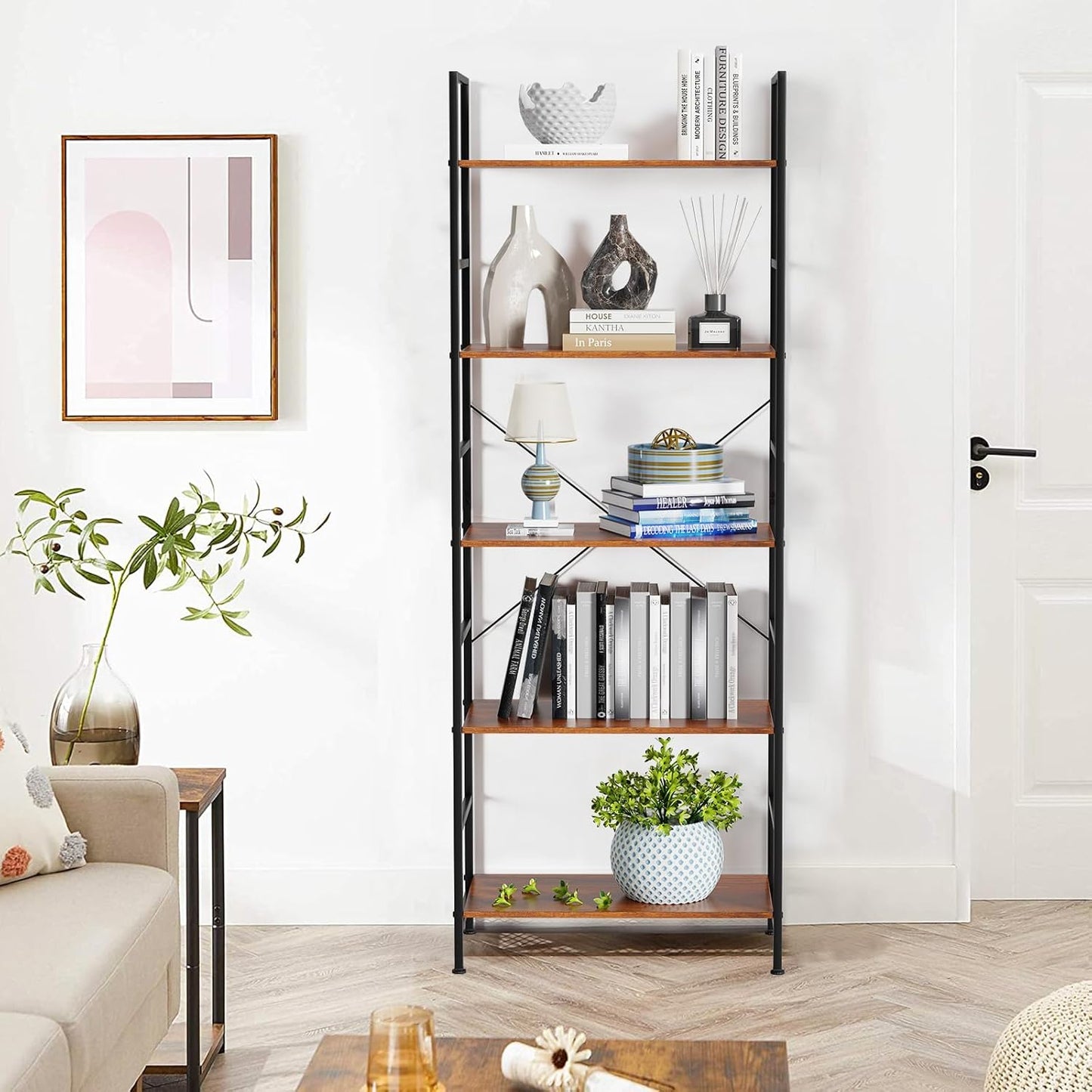 NEWBULIG Bookshelf, Bookcase with 5 Tiers, Metal Frame Bookcase, Tall Bookcase Storage Organizer, Modern Bookcase Open Shelves Display Rack for Home, Office, Living Room, Bedroom, Rust - Retail $0