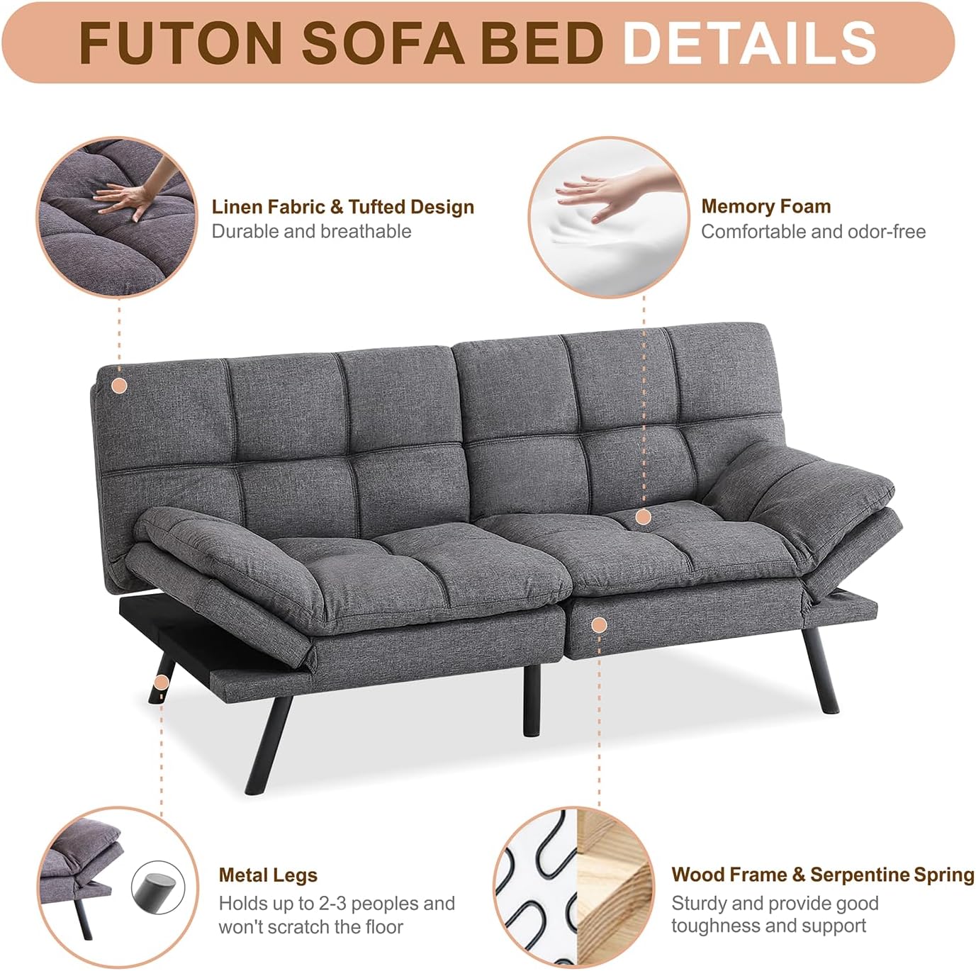 NEW - MUUEGM Futon Sofa Bed, Memory Foam Futon Sleeper Sofa Convertible Couch Fabric 71 Inch Futons with ArmRest, Metal Legs, Living Room Small & Compact Spaces, Easy Assemblyï¼ŒGrey - Retail $284