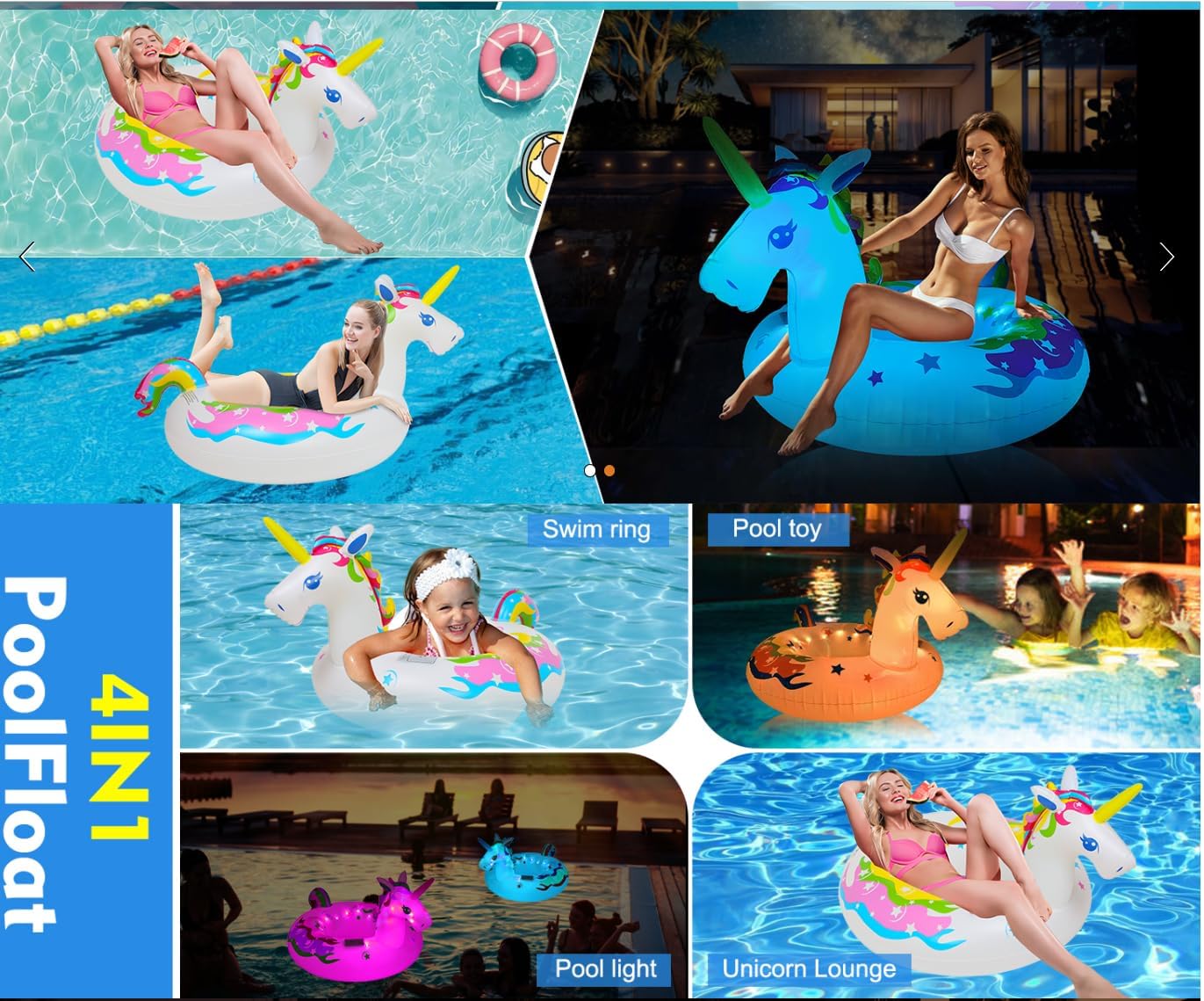 43 Inch Solar Powered Floating Unicorn Pool Light with 7 Modes Color Changed LED Lights,Large Inflatable Pool Swim Ring