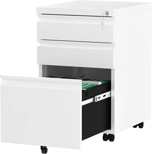 YITAHOME 3-Drawer Mobile File Cabinet with Lock, Office Storage Filing Cabinet for Legal/Letter Size, Pre-Assembled Metal File Cabinet Except Wheels Under Desk -White - Retail $142