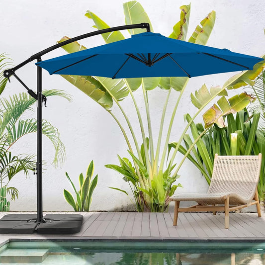 NEW - BLUU BANYAN 10 FT Patio Offset Umbrella Outdoor Cantilever Umbrella Hanging Umbrellas, 24 Month Fade Resistance & Water-repellent UV Protection Solution-dyed Fabric Canopy with Infinite Tilt, Crank & Cross Base (Royal Blue) - Retail $139