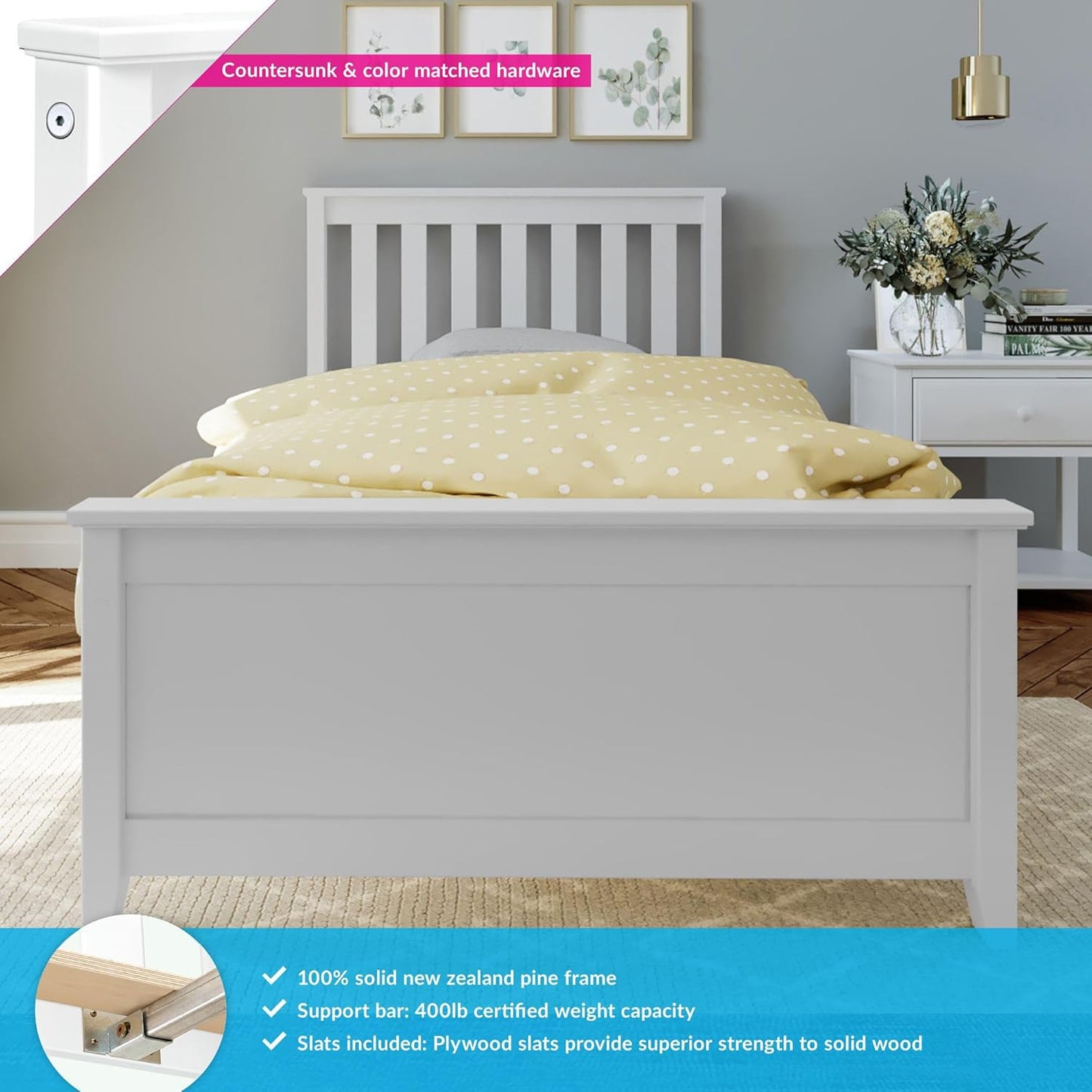Max & Lily Twin Bed Frame with Slatted Headboard, Solid Wood Platform Bed for Kids, No Box Spring Needed, Easy Assembly, White