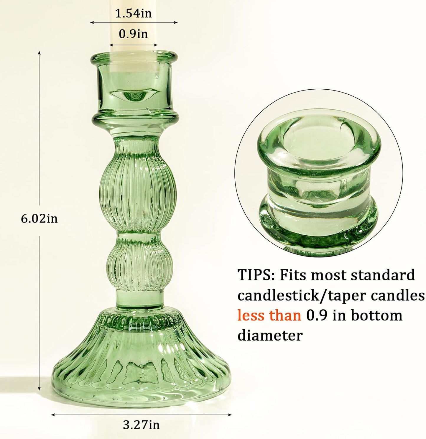 6" H Glass Candle Holder Set of 3, Taper Candles Holders - Candle Stick Holders for Home Decor Wedding Party & Table Centerpieces (Green, 3 Pcs)