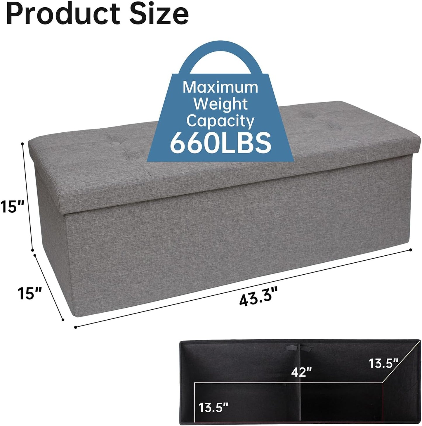 GLAXYFUR 43.3 inches Folding Storage Ottoman Bench Storage Chest Footrest for Bedroom, Entryway and Living Room, Holds up to 660 lb Dark Grey - Retail $45